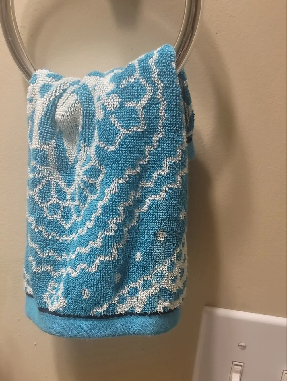 Teal Decorative Cotton Hand Towel with White Lace Pattern